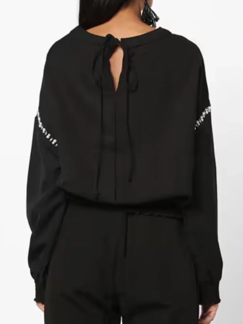 Zara Black Long-Sleeve Blouse with Pearl-Embellished Sleeves